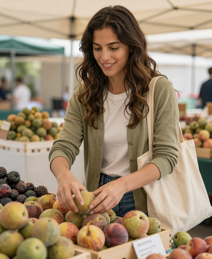 Female gastroenterologist at a Saturday farmers market choosing stone fruit, dating a physician lifestyle imagery