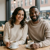 Married couple Helena and Marcus who met on the surgeon dating site, smiling at a Chicago cafe
