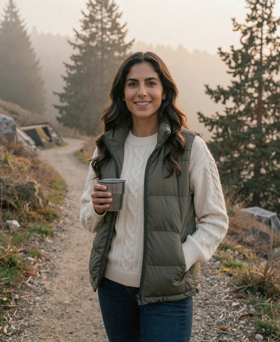 Single female pulmonologist on a misty mountain hike, featured on the pulmonologist dating site