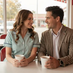 Lauren and Ethan sharing breakfast after her ER shift, success story from Doctor Dating Connection